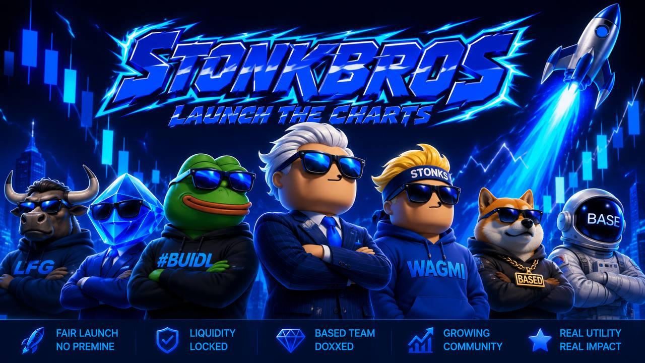 STONKBROS — the bros assembled: bull, diamond, Pepe, suit, stonks kid, shiba, and astronaut under electric blue lightning